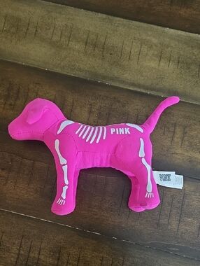 PINK Victoria's Secret Hot Pink Dog Plush with White Skeleton Print